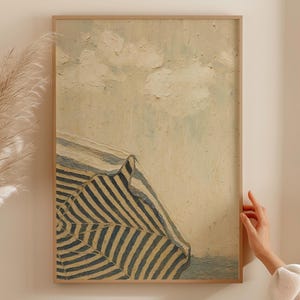 Navy Striped Beach Umbrella Print • Coastal Minimalist Wall Art • Neutral Ocean View Painting • Framed Summer Decor