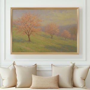 Blush Spring Tree Landscape Art Print – Pastel Blooming Orchard Painting – Feminine Wall Art in Soft Lavender and Pink