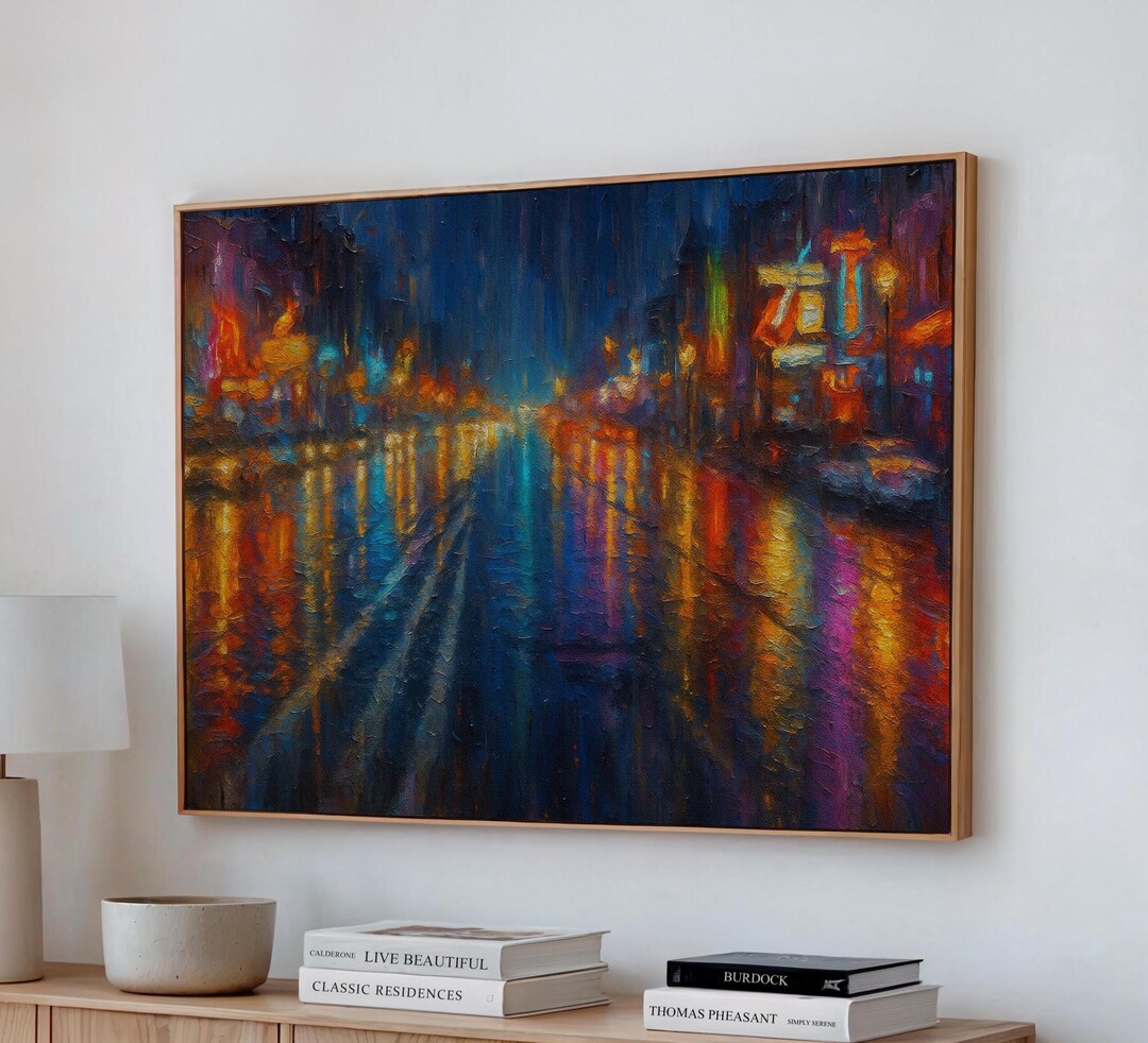 Rainy City Street in Nashville, Neon Lights Reflection Wall Art, Urban ...