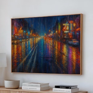 Regnerische Stadtstraße in Nashville, Neonlichter-Reflexionswandkunst, Städtische abstrakte Nachtlandschaftsmalerei für modernes Dekor