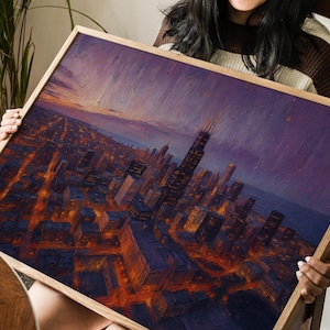 Chicago Skyline Canvas Print – Moody Cityscape Wall Art at Dusk | Framed Chicago Decor for Living Room, Office, or Gift for Him/Her
