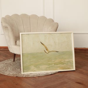 Seagull Over Ocean Painting Print, Minimalist Coastal Bird Wall Art, Soaring Seagull Sea Life Decor in Soft Neutrals