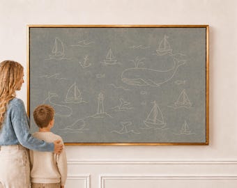 Sailboat and Whale Line Art | Nursery Wall Art | W0557