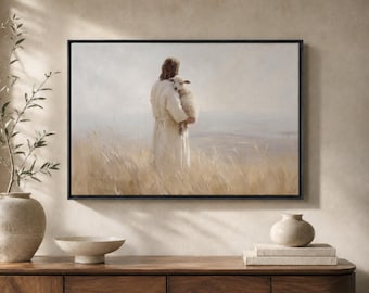 Cuadro de Jesús sosteniendo un cordero – Lámina del Buen Pastor – Salmo 23 – Decoración cristiana para el hogar – Obra de arte de fe neutra