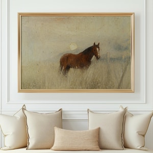 Rustic Horse in Wheat Field Art Print – Golden Sunrise Western Wall Decor – Countryside Horse Painting for Farmhouse or Cabin