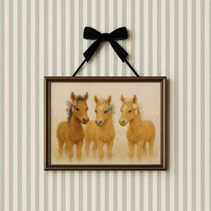 Pony Trio Wall Art – Three Horses with Bows Print – Rustic Girls Farm Nursery Decor