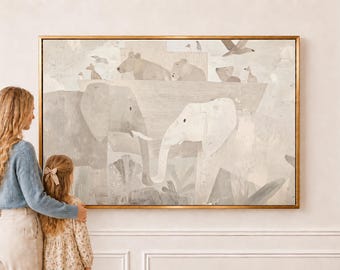 Noah’s Ark Neutral Nursery Art, Christian Animal Print, Abstract Faith Kids Room Decor