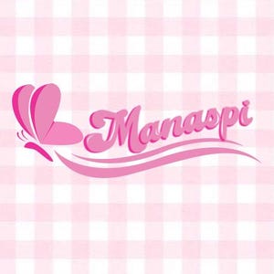 May include: Pink logo with the word "Manaspi" in a stylized font, accompanied by a butterfly graphic. The background features a pink and white gingham pattern.