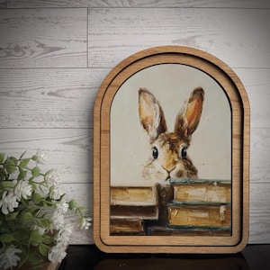 Easter Bunny Books Vintage Arch Frame Artwork | Wood Scallop Spring Cottagecore Rabbit GrandMillenial Bookish Reading Library