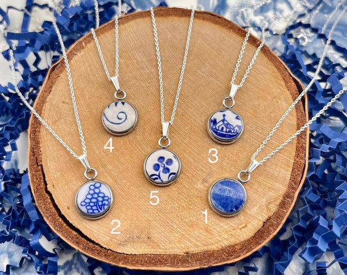 Blue & White Pottery Necklace: Sterling Silver Chain, Upcycled Design