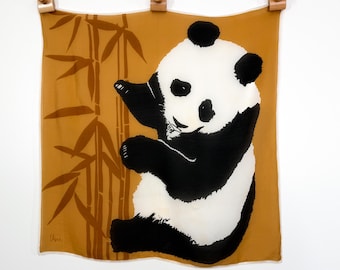 Vintage 70s Panda Vera Neumann Square Semi-Sheer Scarf / 1970s-1980s Brown Black + White Novelty Giant Panda Bear Animal Kerchief Bandanna
