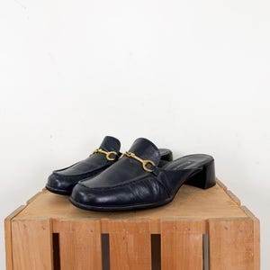Vintage 90s Horsebit Square Toe Leather Mules / 1990s Etienne Aigner Dark Navy Blue Backless Slip on Shoes Women's Size 8.5