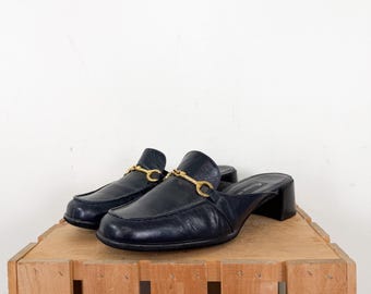 Vintage 90s Horsebit Square Toe Leather Mules / 1990s Etienne Aigner Dark Navy Blue Backless Slip on Shoes Women's Size 8.5