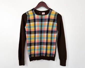 Vintage 60s Size XS-S Cashmere Bright Plaid Square Neck Sweater / 1960s-1970s Preppy Mod White's New Haven Brown Knit Long Sleeve Pullover