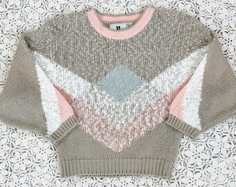 Vintage 80s Size M-L Nubby Knit Slouchy Dolman Sleeve Sweater / 1980s Lightweight Pastel Colorblock Batwing Slouchy Cropped Pullover