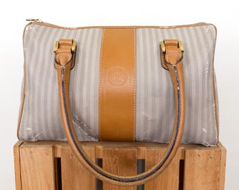 Vintage 80s Fendi Pequin Striped Doctor's Bag / 1980s Taupe, Grey, and Tan Authentic Designer Coated Canvas + Leather Top Handle Purse