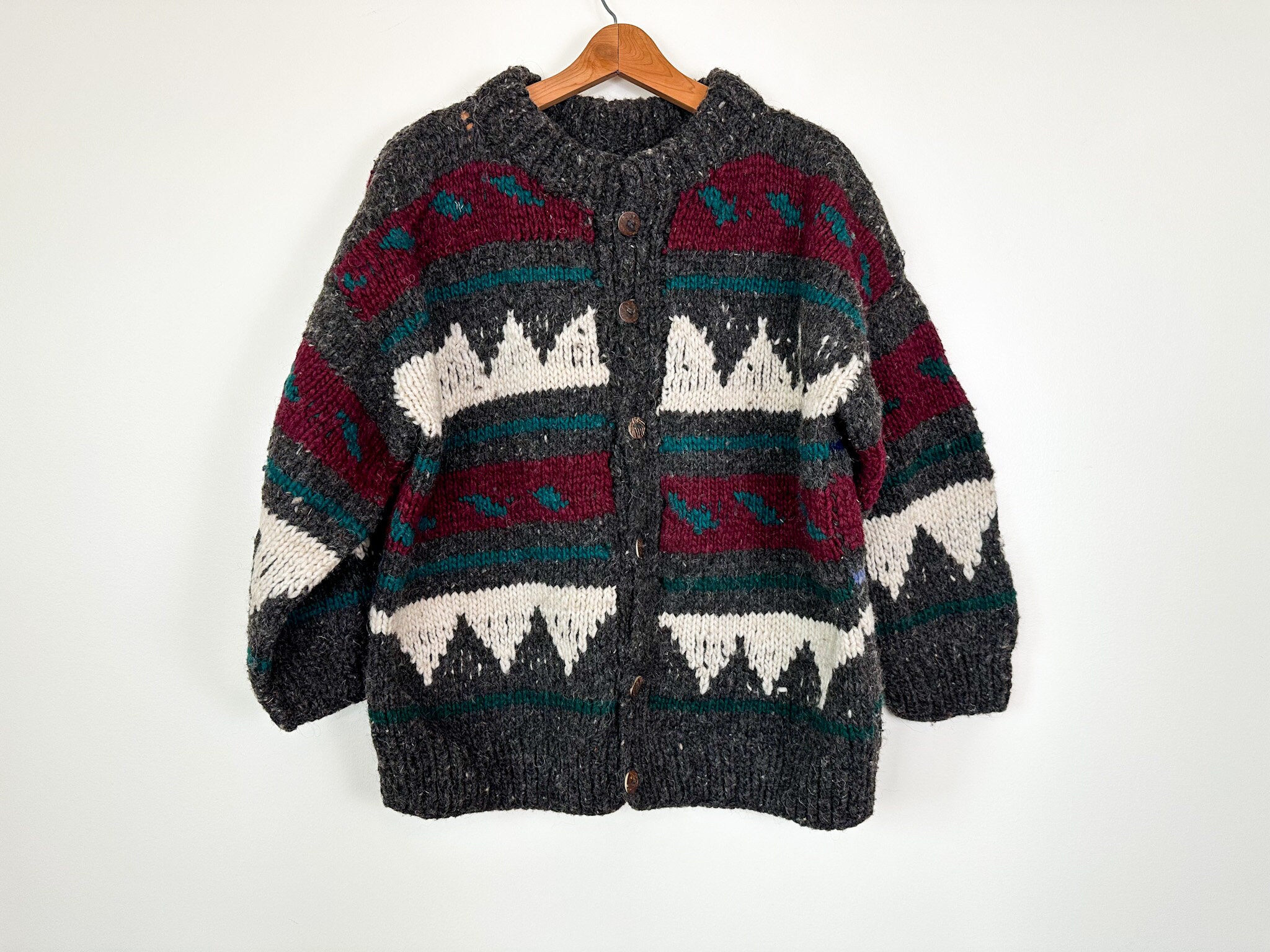 Vintage 90s Size L 100% Wool Boxy Chunky Handmade Geometric Vintage 90s Size L 100% Wool Boxy Chunky Handmade Geometric