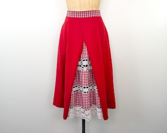 Vintage 70s Size M Red Crocheted Lace + Plaid Stripe Trim Flared Long Skirt / 1970s Retro Handmade Split Front Full A-Line Swing Midi