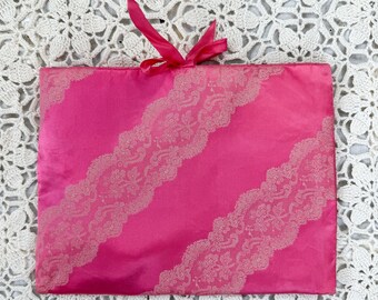 Vintage 50s Schiaparelli Bright Pink Satin Lingerie Pouch / 1950s Mid-Century Lacy Stripe Print Ribbon Bow Tie Silky Clutch / Storage Bag