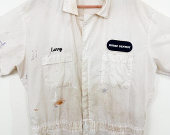 Vintage 80s Size XL Larry Horse Dentist Embroidered Monogram Patch Paint Splattered Coveralls / 1980s Big Ben Wranglers Boiler Suit Jumpsuit