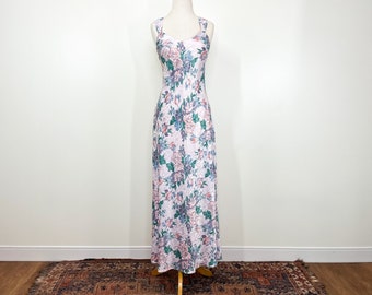 Vintage Size L 90s Satin Bias Cut Tulip Floral Print Nordstrom Maxi Nightgown / 1990s Retro Romantic Silky Long Pastel Flowered Slip Dress