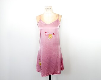 Vintage y2k Size S 100% Silk Pink Floral Mini Slip Dress / 1990s-Early 2000s Spaghetti Strap Sweetheart Neckline Short Nightie / Nightgown