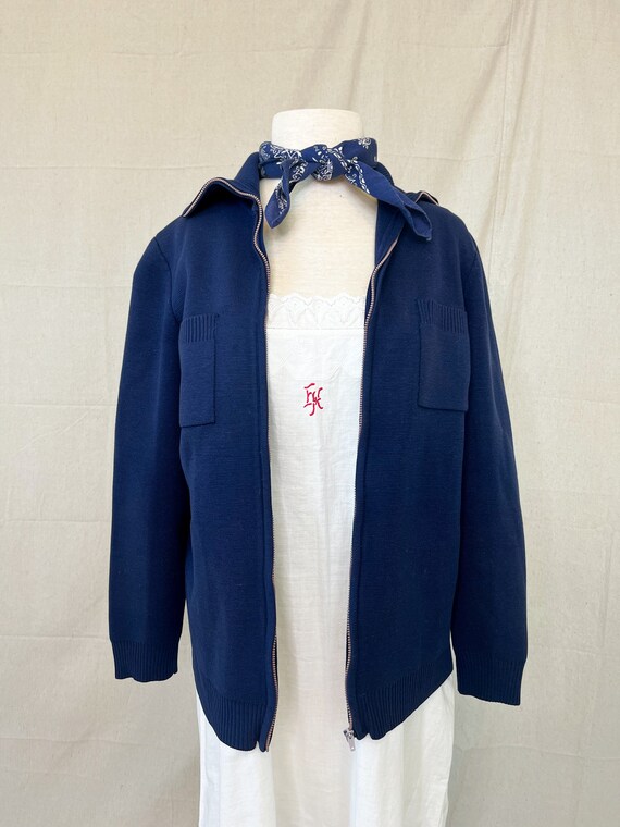 Vintage 60s-70s Size XS-M Navy Knit Zip up Jacket / 1960s-1970s 