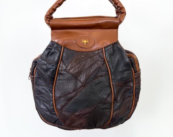 Vintage 70s Patchwork Leather Dragonfly Charm Ove… - image 1