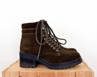 Vintage 90s Size 6.5 Suede Leather Lace Up Lug Sole Ankle Boots / 1990s Grunge Women's Dark Brown Treaded Chunky Block Heel Short Booties