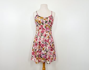 Vintage 90s Size S Floral Pattern Button Front Ballet Cut Strappy Mini Dress / 1990s Flowered Rayon Spaghetti Strap Skater Skirt Sundress