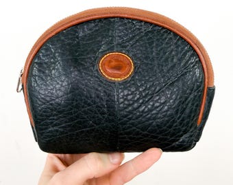 Vintage 80s-90s Dooney + Bourke Pebbled Leather Cosmetic Makeup Bag / 1980s-1990s Rare Black + Brown Designer Zip Pouch / Purse / Clutch