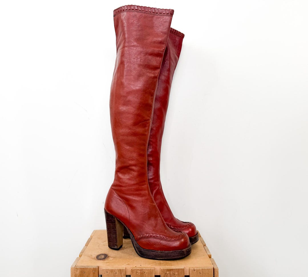 Vintage 70s Size 6 Leather Over the Knee Platform Boots / 1970s Dark ...