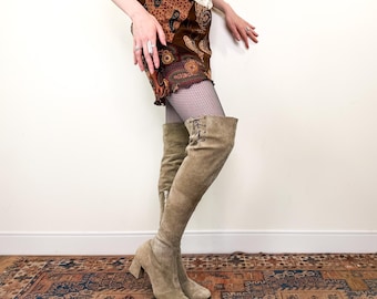 Vintage 60s-70s Size 9-9.5 Suede Over the Knee Thigh High Tall Suede Gogo Boots / 1960s-1970s Light Taupe Leather Mod Hippie Disco Retro
