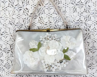 Vintage 50s Clear Plastic Lace + Silk Flower Large Purse / 1950s Mid-Century Kitschy Retro White Floral Vinyl Bubble Terrarium Shoulder Bag
