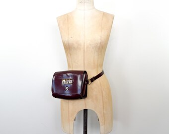 Vintage 60s-70s Oxblood Vinyl MLL Monogram Satchel Purse / 1960s-1970s Mid-Century Burgundy Mod Dark Academia Faux Leather Belt Bag