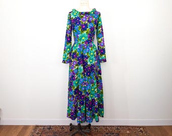 Vintage 60s Size S Palazzo Leg Ruffle Trim Psychedelic Watercolor Floral Jumpsuit / 1960s Lord + Taylor Cotton Flower Power Groovy Romper