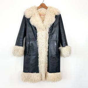 Vintage 70s Size XS-S Genuine Curly Mongolian Lamb Long Penny Lane Coat / 1970s Boho Festival Black Leather + Fluffy Sheepskin Fur Jacket