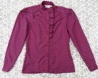 Vintage 70s Size S Levi’s Ruffle Satin Prairie Blouse / 1970s Levi Strauss High Neck Victorian Style Bright Magenta Pink + Blue Shirt / Top