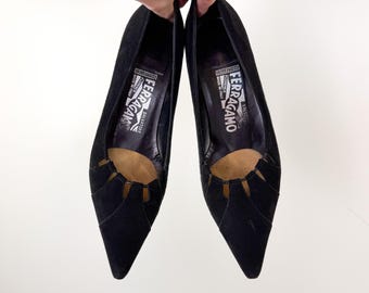 Vintage Ferragamo Size 6.5 Suede Pointy Toe Kitten Heels / Italian Leather Solid Black Pointed Low Heel Deco Cutout Peekaboo Slip On Shoes
