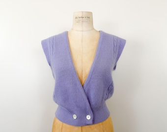 Vintage 80s Size S-M Angora Lambswool Fuzzy Sweater Vest / 1980s Talbots Light Lilac Purple Knit Double Breasted Button Wrap Sleeveless Top