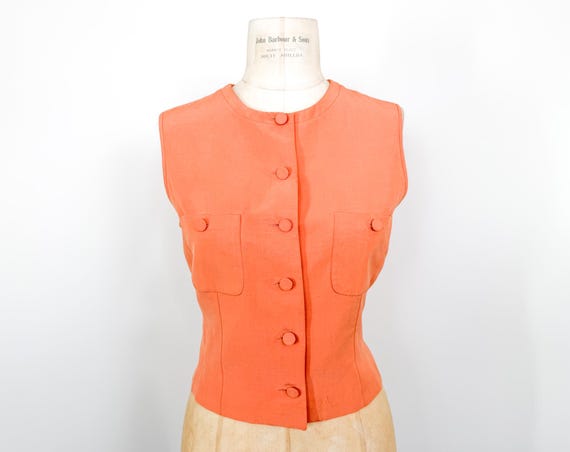 Emporio Armani, Vintage 90s Size M Emporio Armani Linen + Silk Peach Button Sleeveless Blouse / 1990s Retro Minimalist Simple Button Front Tank Top / Vest