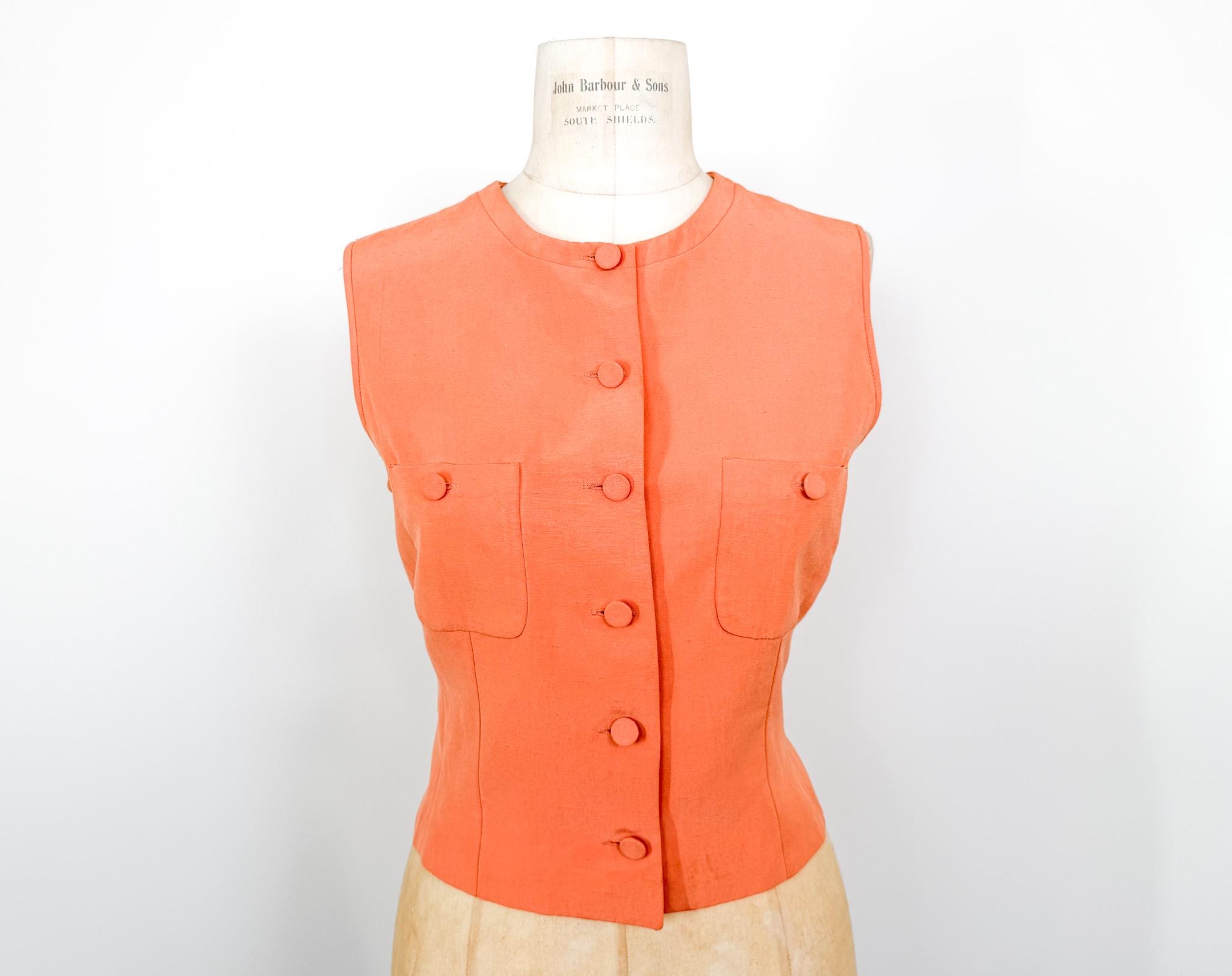 Emporio Armani, Vintage 90s Size M Emporio Armani Linen + Silk Peach Button Sleeveless Blouse / 1990s Retro Minimalist Simple Button Front Tank Top / Vest