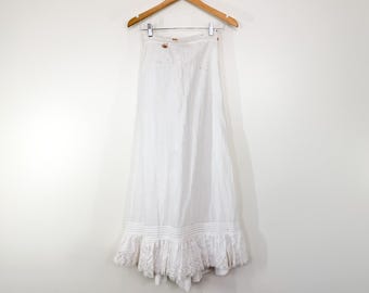 Antique Edwardian Cotton Ruffled Lace Trim Petticoat / Size XS Victorian Prairie Handmade Solid White Long Maxi Lawn Skirt / Underskirt