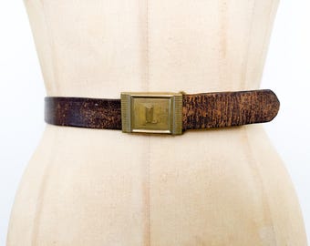 Vintage 70s L Monogram Letter Initial Dark Brown Leather Belt / 1970s Pioneer Retro Adjustable Brass Rectangular Buckle Thin Distressed