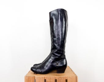 Vintage 80s-90s Size 6.5 Salvatore Ferragamo Tall Black Leather Boots / 1980s-1990s Buckle Knee-High Pull-On Equestrian Style Low Heel