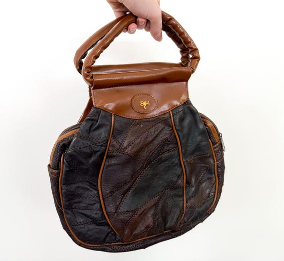 Vintage 70s Patchwork Leather Dragonfly Charm Ove… - image 3