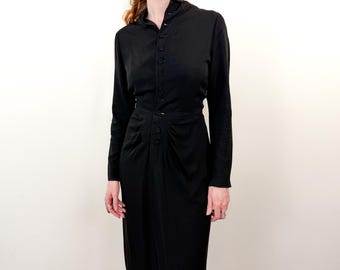 Vintage 1940s Size S-M Berenice Holloway Original Rayon Button Up Ruched Dress / 40s Solid Plain Black Pleat Front Long Sleeve Pencil Midi