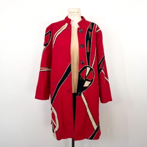Vintage 90s Size M Embroidered Patchwork Long Cotton Duster Jacket / 1990s Bright Red Witchy Lagenlook Art to Wear Avant Garde
