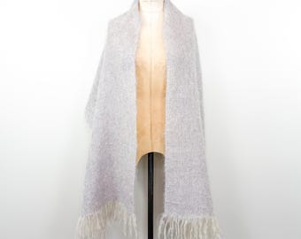 Vintage 80s Mohair + Wool Light Purple Loom Woven Oversized Blanket Scarf / 1980s Handmade White + Pale Lilac Fringed Long Shawl / Wrap