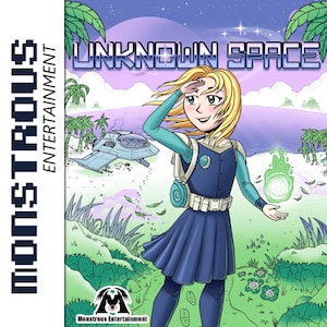 Könnte beinhalten: Eine Comic-Illustration einer jungen Person mit blonden Haaren, die ein blaues und weißes Outfit trägt und auf einem Strand mit einer grün leuchtenden Kugel im Hintergrund steht. Der Text "UNKNOWN SPACE" befindet sich oben im Bild.